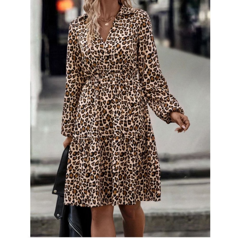 LAST ONE 🔥 Leopard Print Lantern Sleeve Ruffle Hem Dress